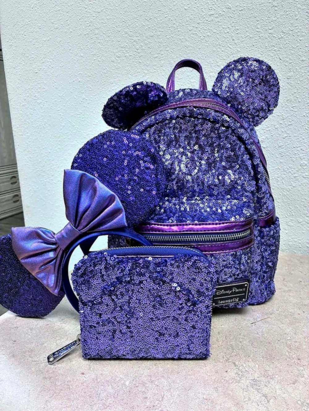 Loungefly Disney Minnie Mouse Purple Sequin Mini Backpack Wallet and Ears Set